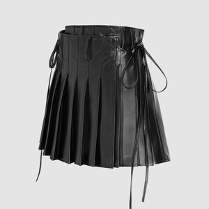Faux Leather Mid Waist Bowknot Pleated Mini Skirt